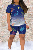 Blue Fashion Casual Print Basic O Neck Short Sleeve Two Pieces
