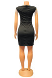 Black Fashion Sexy Patchwork Tassel Slit Square Collar Short Sleeve Dress
