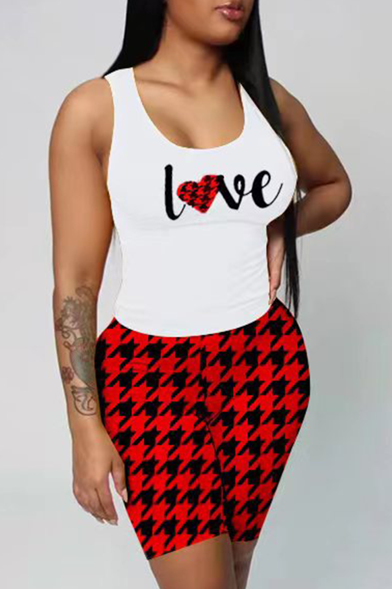 Red Casual Print Split Joint Letter U Neck Sleeveless Two Pieces