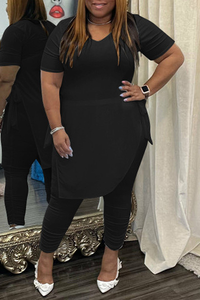 

Black Fashion Casual Solid Bandage Slit Asymmetrical O Neck Plus Size Two Pieces