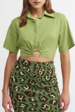 Green Casual Solid Patchwork Turndown Collar Tops