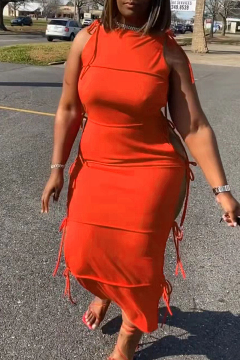 

Tangerine Red Sexy Solid Hollowed Out Split Joint Frenulum O Neck Straight Dresses