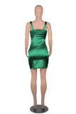 Green Sexy Solid Patchwork Fold Asymmetrical Spaghetti Strap One Step Skirt Dresses