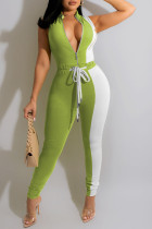 グリーン カジュアル ソリッド 包帯 パッチワーク ジッパー カラー レギュラー ジャンプスーツ