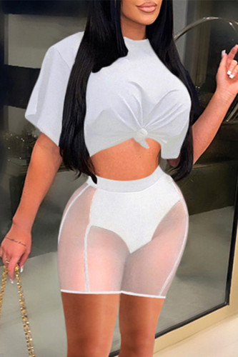 White Fashion Sexy Solid Patchwork See-through O Neck Short Sleeve Two Pieces