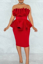 Röd Mode Sexig Solid Patchwork Rygglös Slit Strapless Aftonklänning