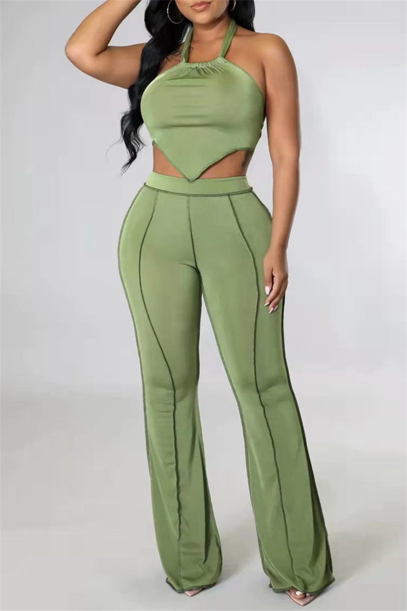 

Fruit Green Sexy Casual Solid Bandage Backless Halter Sleeveless Two Pieces