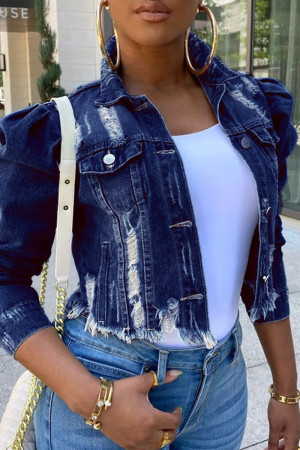 Deep Blue Fashion Casual Street Solid Ripped Make Old Patchwork Buckle Turndown Collar Puff Sleeve Regular Raw Hem Cropped Denim Jacket