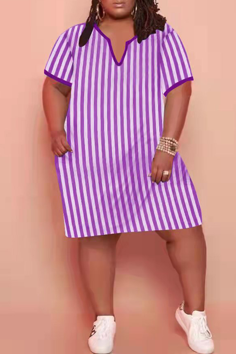 

Purple Fashion Casual Plus Size Striped Print Split Joint V Neck Short Sleeve Dress