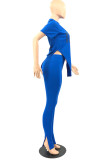 Blue Fashion Casual Print Slit Asymmetrical O Neck Short Sleeve Two Pieces