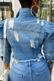 Blue Fashion Casual Street Solid Ripped Make Old Patchwork Buckle Turndown Collar Puff Sleeve Regular Raw Hem Cropped Denim Jacket