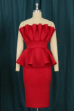 赤いファッションセクシーなソリッドパッチワーク背中の開いたスリットストラップレスのイブニングドレス
