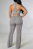 Grey Sexy Casual Solid Bandage Backless Halter Sleeveless Two Pieces