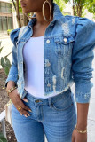 Giacca di jeans regolare a maniche lunghe con colletto rovesciato con fibbia patchwork blu alla moda casual tinta unita strappata