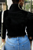 Chaqueta de mezclilla regular de manga larga con cuello vuelto y hebilla de retales viejos rasgados lisos casuales de moda negro