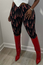 Zwart Roze Mode Casual Print Basic Skinny Potloodbroek Met Hoge Taille