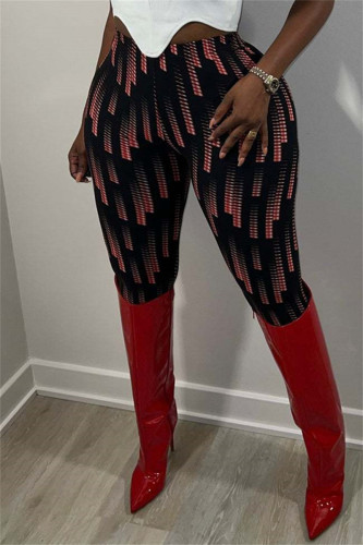 Black Pink Fashion Casual Print Basic Skinny High Waist Pencil Trousers