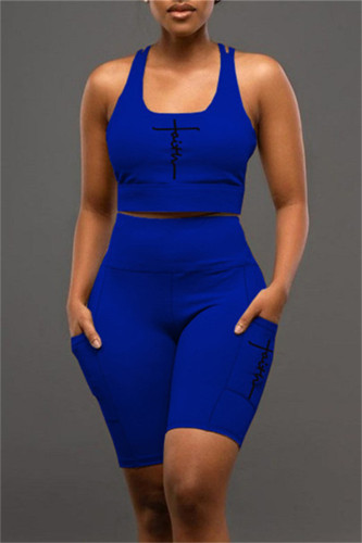Blue Casual Street Print Backless U Neck Sleeveless Two Pieces