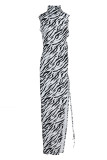 Black Fashion Sexy Print Slit Asymmetrical Turtleneck Sleeveless Dress