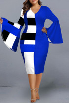 ブルーファッションカジュアルプリントスリットVネック長袖プラスサイズのドレス