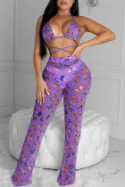 Purple Sexy Print Patchwork Flounce Halter Sleeveless Two Pieces