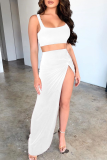 White Sexy Solid Slit Square Collar Sleeveless Two Pieces