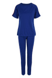 Royal Blue Fashion Casual Solid Patchwork O Neck Short Sleeve Two Pieces