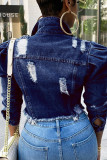 Giacca di jeans regolare a maniche lunghe con colletto rovesciato con fibbia patchwork blu alla moda casual tinta unita strappata