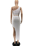 White Sexy Solid Patchwork Slit Oblique Collar Sleeveless Two Pieces