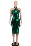 グリーンファッションセクシーなソリッドバンデージくり抜かれた背中の開いたホルターノースリーブドレス