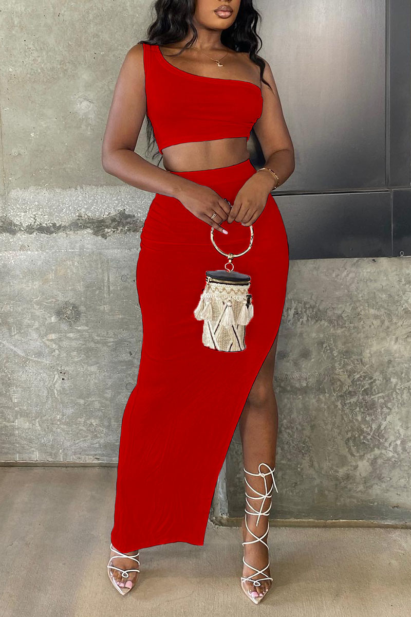 

Red Sexy Solid Split Joint Slit Oblique Collar Sleeveless Two Pieces