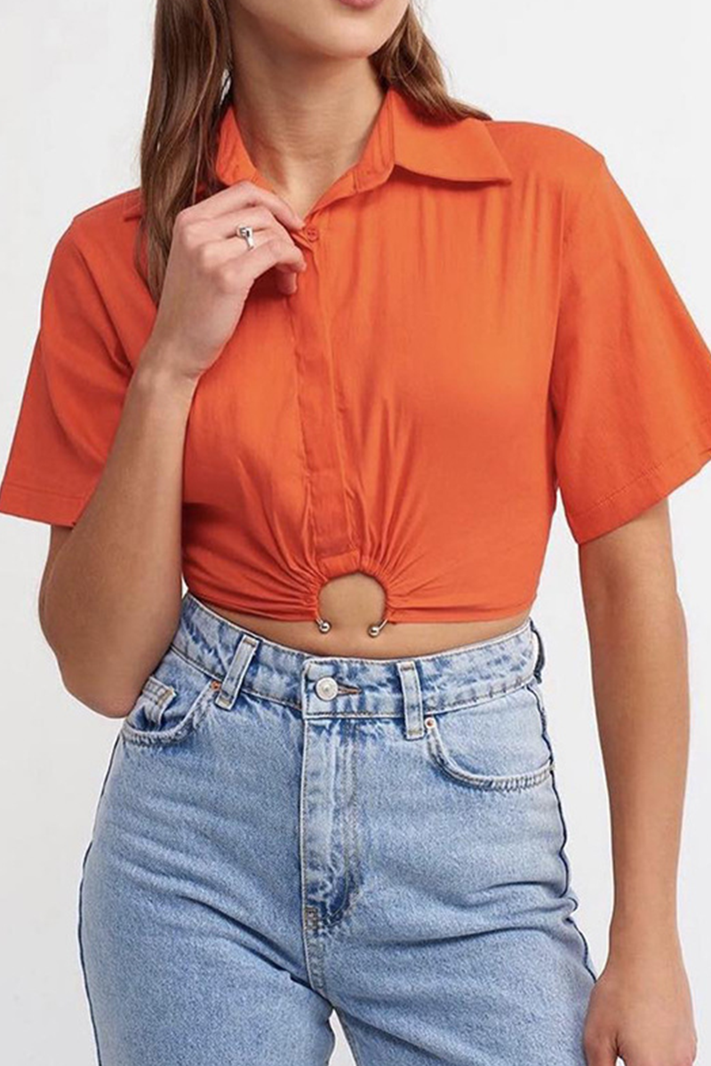 

Tangerine Red Casual Solid Split Joint Turndown Collar Tops