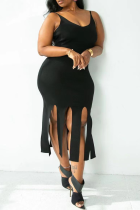 Black Sexy Solid Tassel U Neck Pencil Skirt Plus Size Dresses