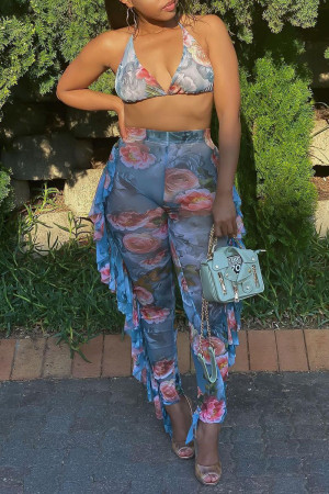 Decorative Pattern Sexy Mesh Printing Swimsuit Two-piece Set
