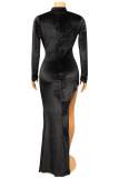 Schwarzes, modisches, sexy, solides, ausgehöhltes Rollkragen-Abendkleid mit langen Ärmeln