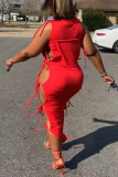 Красные сексуальные однотонные выдолбленные лоскутные прямые платья с уздечкой и круглым вырезом