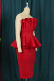 Röd Mode Sexig Solid Patchwork Rygglös Slit Strapless Aftonklänning
