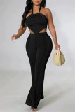 Black Sexy Casual Solid Bandage Backless Halter Sleeveless Two Pieces