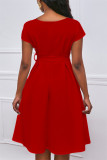 Red Fashion Casual Solid With Belt V Neck Short Sleeve Dress