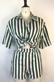 Green Fashion Casual Striped Print Basic Turndown Collar Short Sleeve Two Pieces