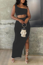 Black Sexy Solid Patchwork Slit Oblique Collar Sleeveless Two Pieces