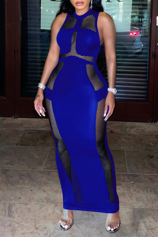 Темно-синее сексуальное сплошное выдолбленное лоскутное прозрачное платье с круглым вырезом и юбкой в ​​один шаг