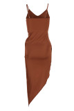 Khaki Fashion Sexy Solid Backless Asymmetrical V Neck Sling Dress