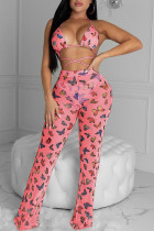 Pink Sexy Print Patchwork Flounce Halter Sleeveless Two Pieces