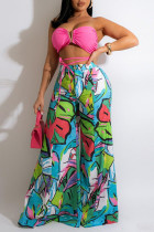 Pink Sexy Print Split Joint Strapless Sleeveless Two Pieces