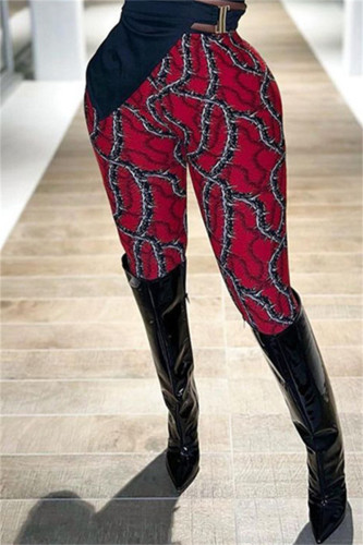 Red Fashion Casual Print Basic Skinny High Waist Pencil Trousers