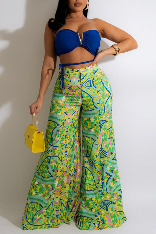 Blauwe sexy print patchwork strapless mouwloze two-pieces