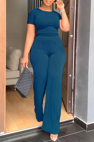 Blue Fashion Casual Solid Basic O Neck Short Sleeve Two Pieces