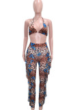 Blue Sexy Print Patchwork Flounce Halter Sleeveless Two Pieces
