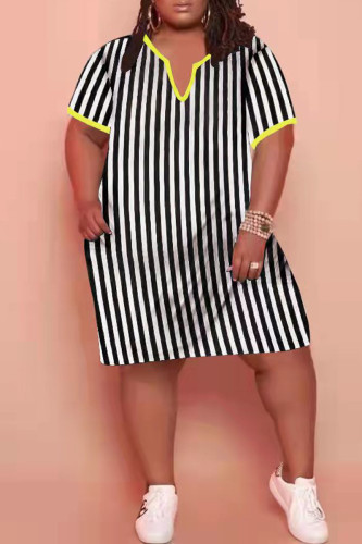 Black Fashion Casual Plus Size Striped Print Split Joint V Neck Short Sleeve Dress